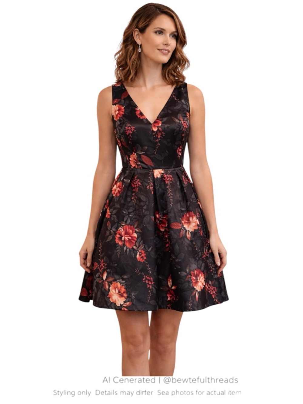 Dark Floral Satin Fit Flare Dress V Neck Wedding Guest Cocktail 10